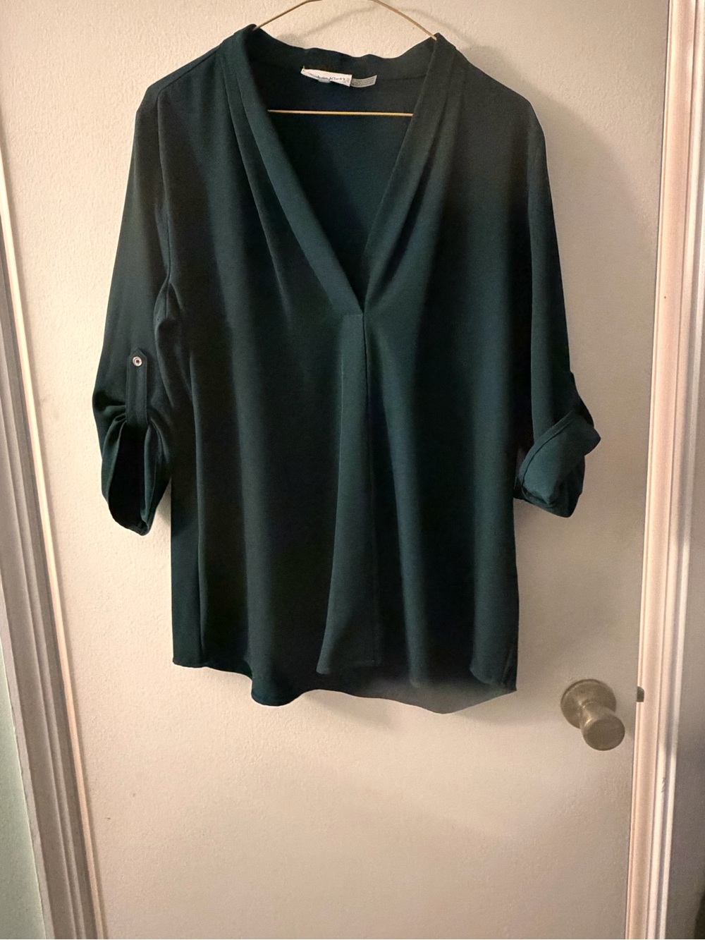 Calvin Klein Deep Teal V-Neck Roll-Tab Sleeve Blouse